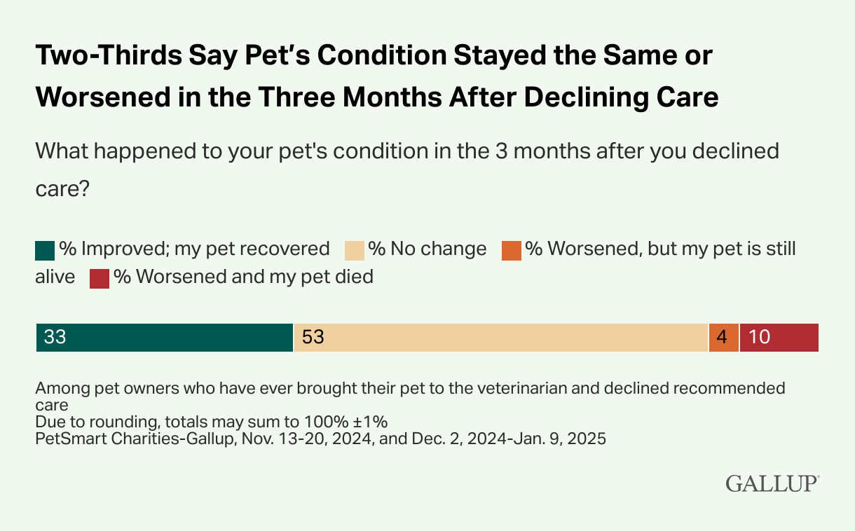 Two-Thirds Say Pet's Condition Stayed the Same or Worsened in the Three Months After Declining Care What happened to your pet's condition in the 3 months after you declined care? % Improved; my pet recovered % No change _ % Worsened, but my pet is still alive % Worsened and my pet died 33 53 4 10 Among pet owners who have ever brought their pet to the veterinarian and declined recommended care Due to rounding, totals may sum to 100% ‡1% PetSmart Charities-Gallup, Nov. 13-20, 2024, and Dec. 2, 2024-Jan. 9, 2025